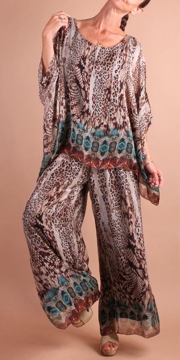 Jasmin Boho Slit Pant - Gigi Moda - Made in Italy # boho, Gigi Moda, italian apparel, italian clothes, Italian Clothing, italian silk, Leopard Print, Made in Italy, matching set, maxretail, one size, online shopping, Pants, shop gigi moda, Silk, Snake print