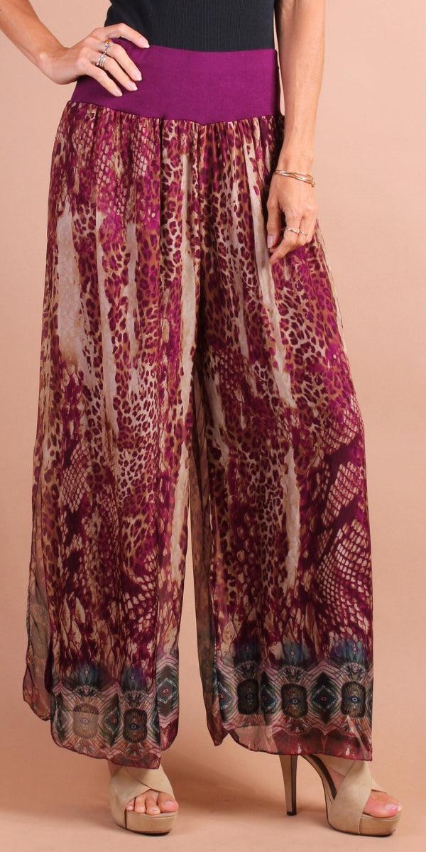 Jasmin Boho Slit Pant - Gigi Moda - Made in Italy # boho, Gigi Moda, italian apparel, italian clothes, Italian Clothing, italian silk, Leopard Print, Made in Italy, matching set, maxretail, one size, online shopping, Pants, shop gigi moda, Silk, Snake print