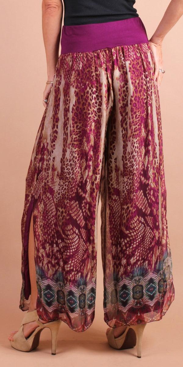 Jasmin Boho Slit Pant - Gigi Moda - Made in Italy # boho, Gigi Moda, italian apparel, italian clothes, Italian Clothing, italian silk, Leopard Print, Made in Italy, matching set, maxretail, one size, online shopping, Pants, shop gigi moda, Silk, Snake print