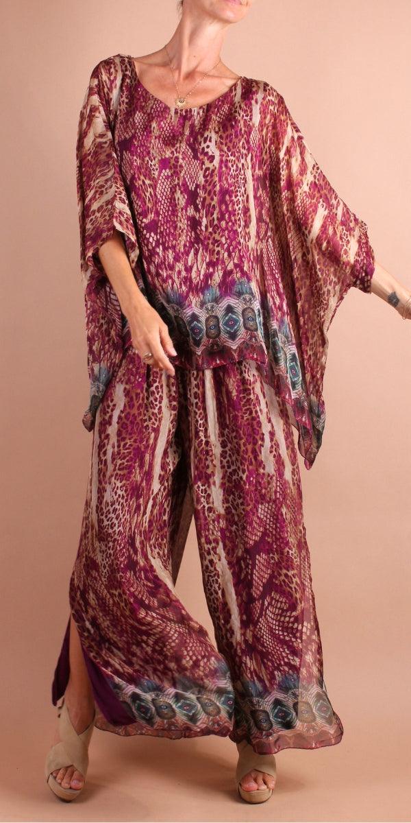 Jasmin Boho Slit Pant - Gigi Moda - Made in Italy # boho, Gigi Moda, italian apparel, italian clothes, Italian Clothing, italian silk, Leopard Print, Made in Italy, matching set, maxretail, one size, online shopping, Pants, shop gigi moda, Silk, Snake print