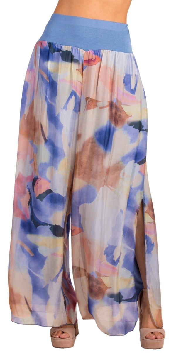 Jasmin Schizzo Slit Pant - Gigi Moda - Made in Italy # Gigi Moda, italian apparel, italian clothes, Italian Clothing, italian silk, Made in Italy, matching set, one size, online shopping, Pants, shop gigi moda, Silk, Watercolor Print