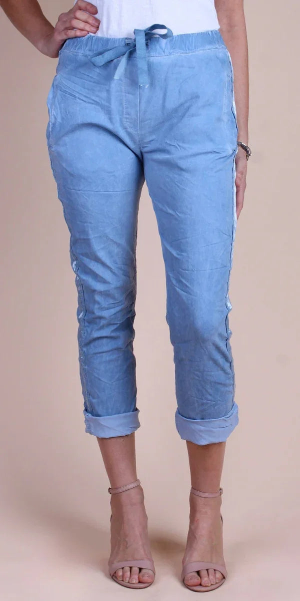 Light blue linen ankle pants with drawstring waist and rolled cuffs, women's fashion