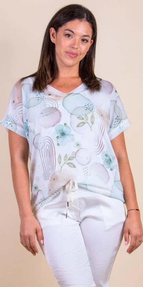 Abstract Gina Top - Gigi Moda - Made in Italy # Abstract, abstract print, casual, casual top, circle print, floral, gigi moda, one size, T Shirt, Top, V Neck, viscose