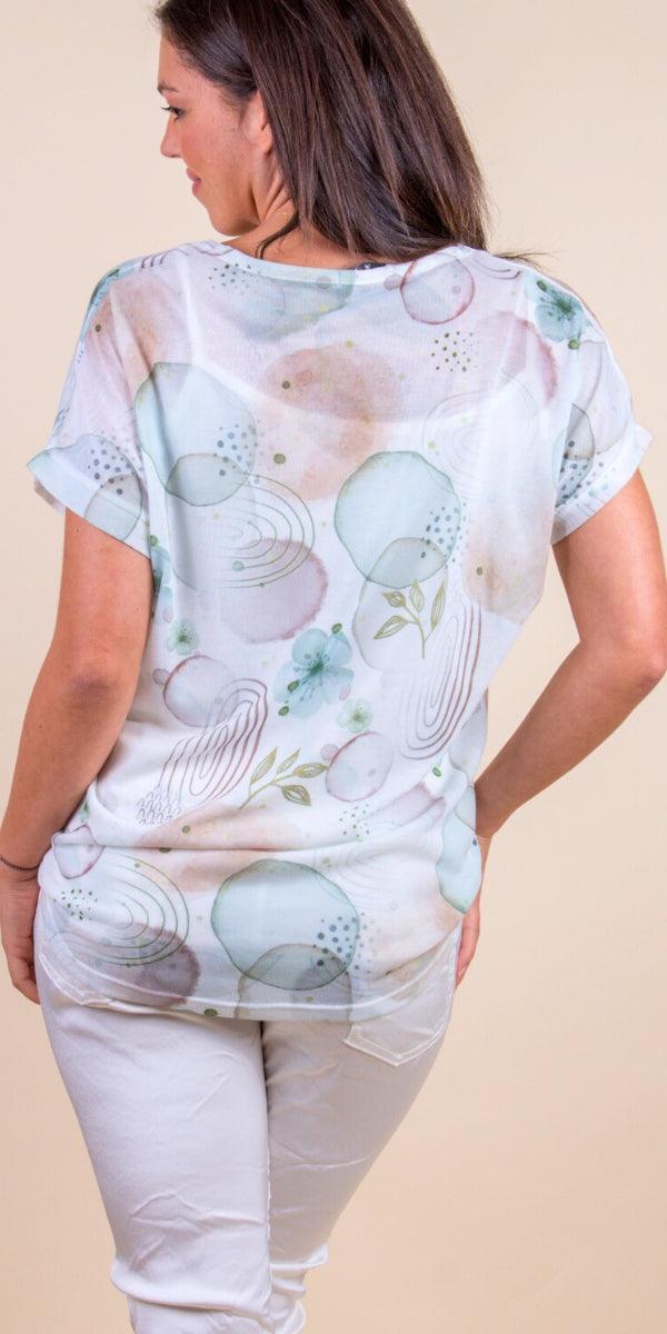 Abstract Gina Top - Gigi Moda - Made in Italy # Abstract, abstract print, casual, casual top, circle print, floral, gigi moda, one size, T Shirt, Top, V Neck, viscose
