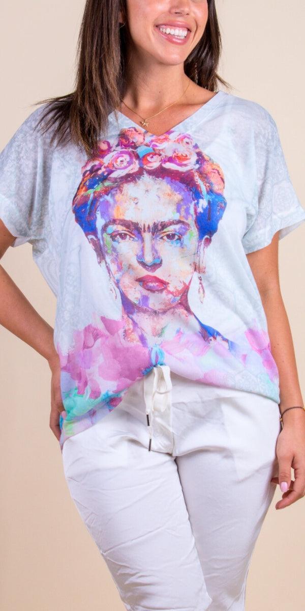 Frida Kahlo Gina Top - Gigi Moda - Made in Italy # casual, Frida Kahlo, gigi moda, one size, spring, summer, T Shirt, Top, V Neck, viscose