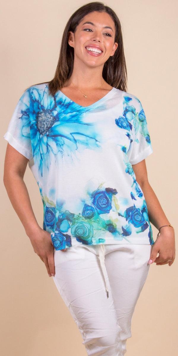 Floral Gina Top - Gigi Moda - Made in Italy # casual, casual top, floral, floral design, floral pattern, Floral Print, gigi moda, one size, spring, summer, T Shirt, Top, V Neck, viscose