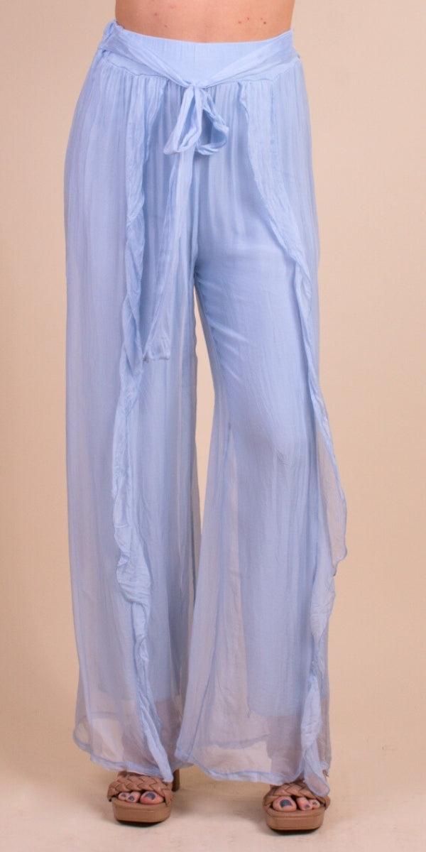 Clarisse Silk Pant - Gigi Moda - Made in Italy # 100% Silk, bohemian, comfortable, Double Layer, elastic waist, elastic waistband, free shipping, Gigi Moda, Made in Italy, one size, Pant, Ruffle, ruffles, shop gigi moda, Silk, tie at waist, Tie waist