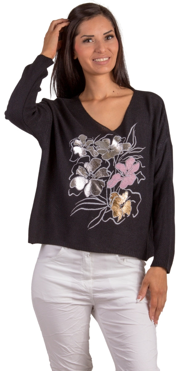 Emma Fiori Sweater - Gigi Moda - Made in Italy # floral, floral design, Floral Print, Gigi Moda, Knit, knit sweater, Long Sleeve, made in italy, one size, Sweater, Top, V Neck