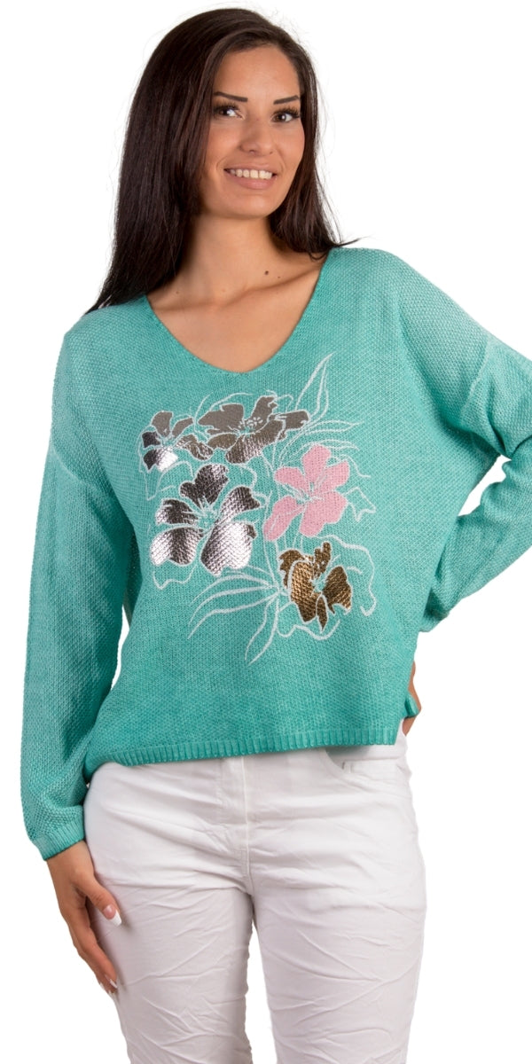 Emma Fiori Sweater - Gigi Moda - Made in Italy # floral, floral design, Floral Print, Gigi Moda, Knit, knit sweater, Long Sleeve, made in italy, one size, Sweater, Top, V Neck