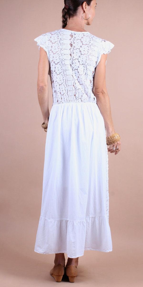 Elena Dress - Gigi Moda - Made in Italy # Cap Sleeve, crossover, Dress, Embroidered, Gigi Moda, lace, lace dress, Made in Italy, Maxi Dress, OS, ruffled hem, V Neck
