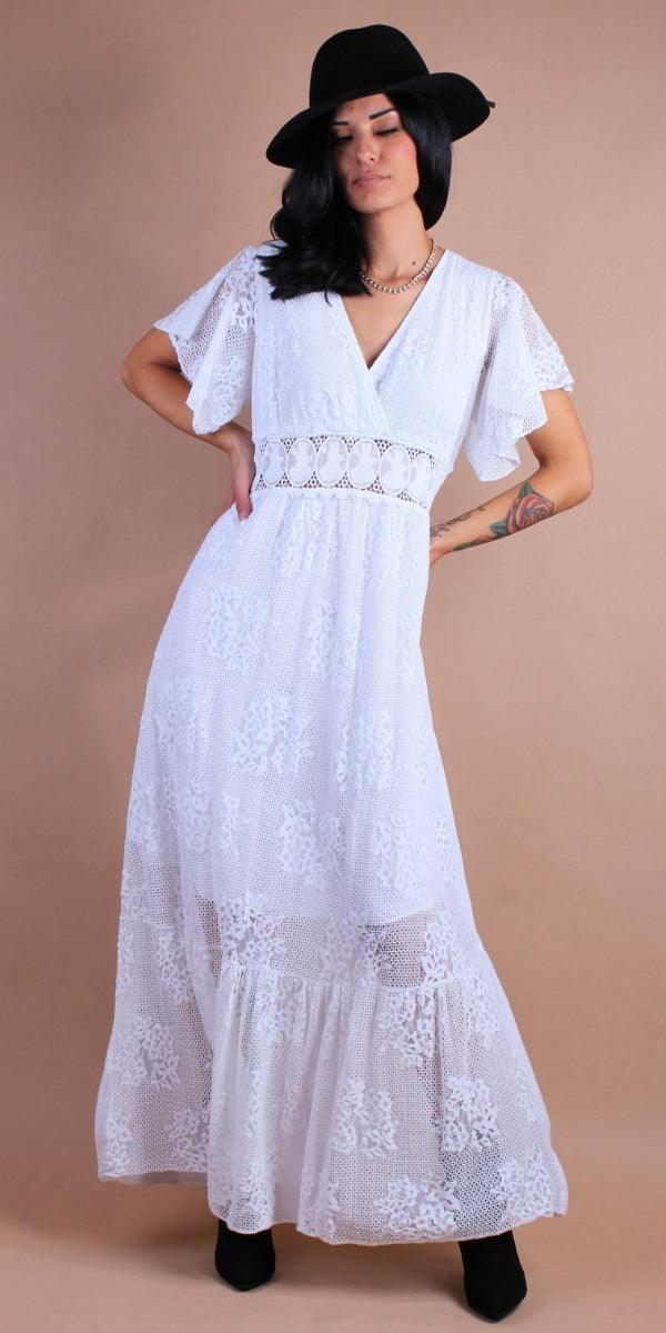 Romantico Dress - Gigi Moda - Made in Italy # crossover, Dress, Embroidered, empire waist, Flutter sleeve, Gigi Moda, lace, lace dress, Made in Italy, Maxi Dress, maxretail, OS, ruffled hem, V Neck