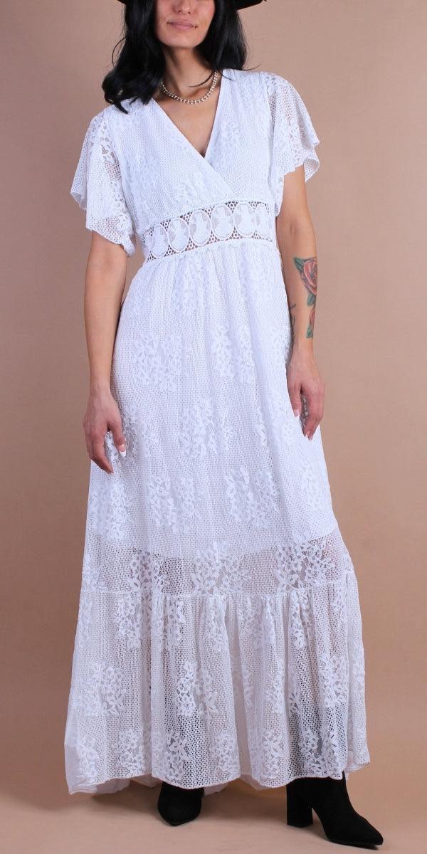 Romantico Dress - Gigi Moda - Made in Italy # crossover, Dress, Embroidered, empire waist, Flutter sleeve, Gigi Moda, lace, lace dress, Made in Italy, Maxi Dress, maxretail, OS, ruffled hem, V Neck