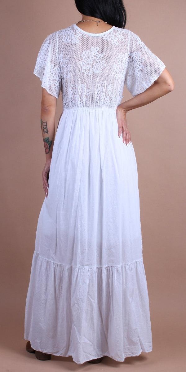 Romantico Dress - Gigi Moda - Made in Italy # crossover, Dress, Embroidered, empire waist, Flutter sleeve, Gigi Moda, lace, lace dress, Made in Italy, Maxi Dress, maxretail, OS, ruffled hem, V Neck