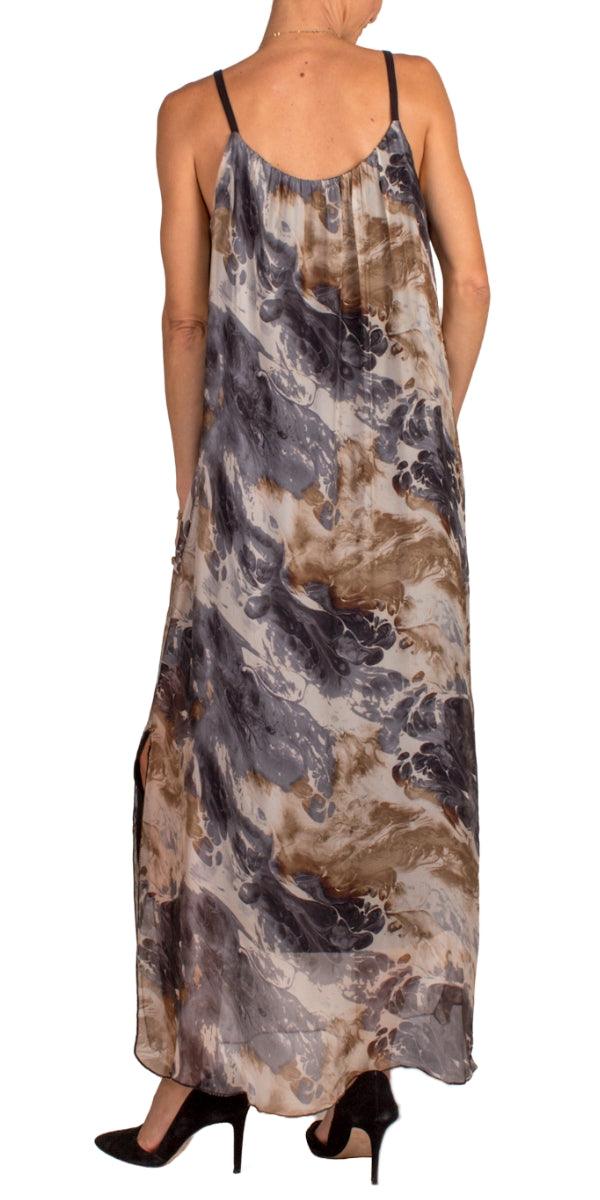 Venus Spruzzo Dress - Gigi Moda - Made in Italy # Dress, Long, Made in Italy, Maxi, maxi dress, one size fits most, side slit, Silk, Sleeveless, Slits, Spaghetti Strap, spring, summer