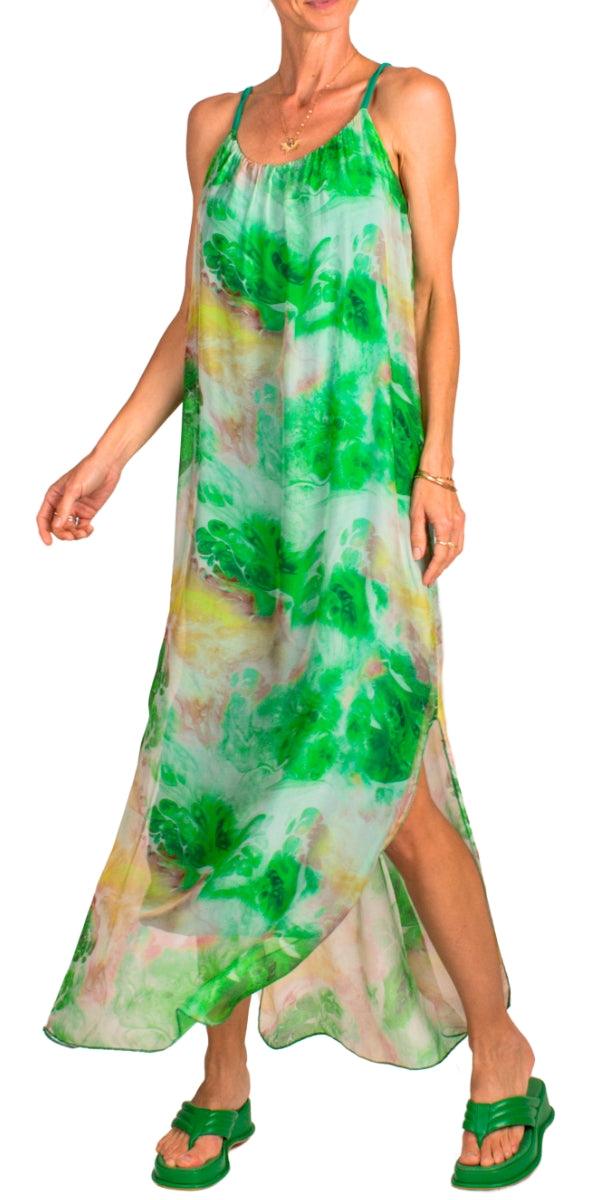 Venus Spruzzo Dress - Gigi Moda - Made in Italy # Dress, Long, Made in Italy, Maxi, maxi dress, one size fits most, side slit, Silk, Sleeveless, Slits, Spaghetti Strap, spring, summer