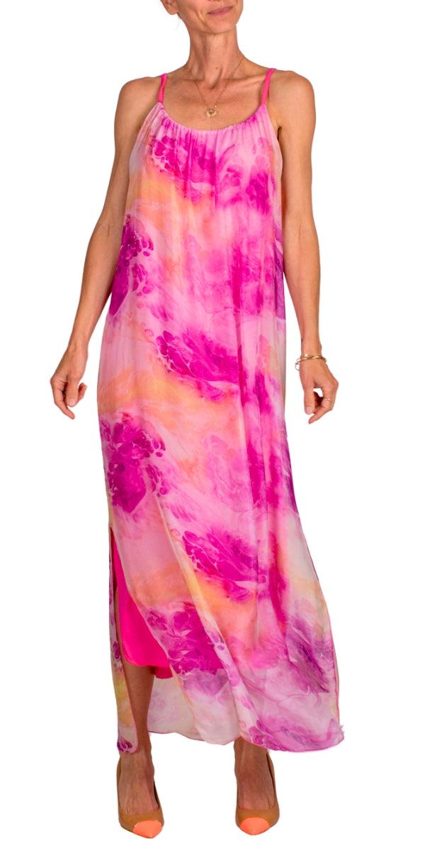 Venus Spruzzo Dress - Gigi Moda - Made in Italy # Dress, Long, Made in Italy, Maxi, maxi dress, one size fits most, side slit, Silk, Sleeveless, Slits, Spaghetti Strap, spring, summer