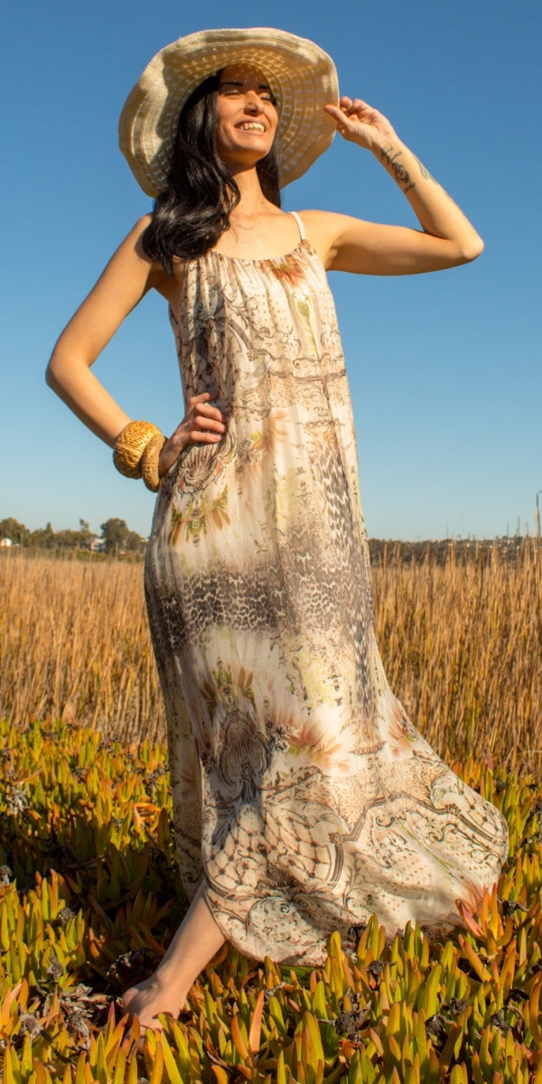 Venus Baroque Dress - Gigi Moda - Made in Italy # baroque, Dress, Leopard Print, Long, Made in Italy, Maxi, maxi dress, one size fits most, side slit, Silk, Sleeveless, Slits, Spaghetti Strap, spring, summer