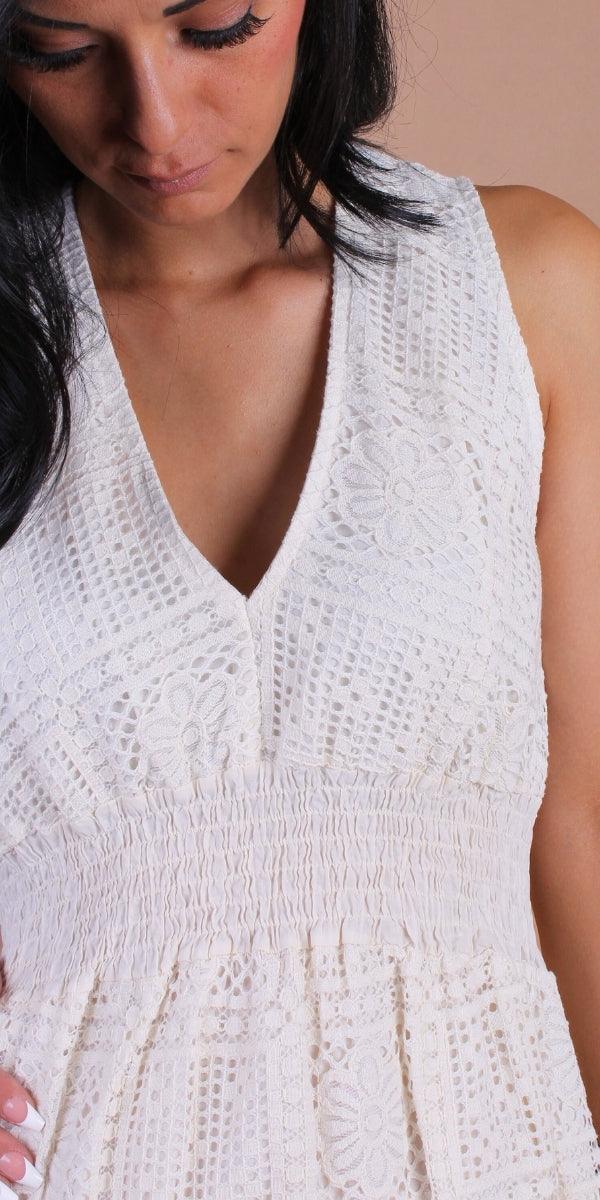 Pizzo Mini Dress - Gigi Moda - Made in Italy # cinched waist, Dress, Gigi Moda, lace, lace dress, Made in Italy, OS, short dress, Sleeveless, sundress, ties at back, V Neck