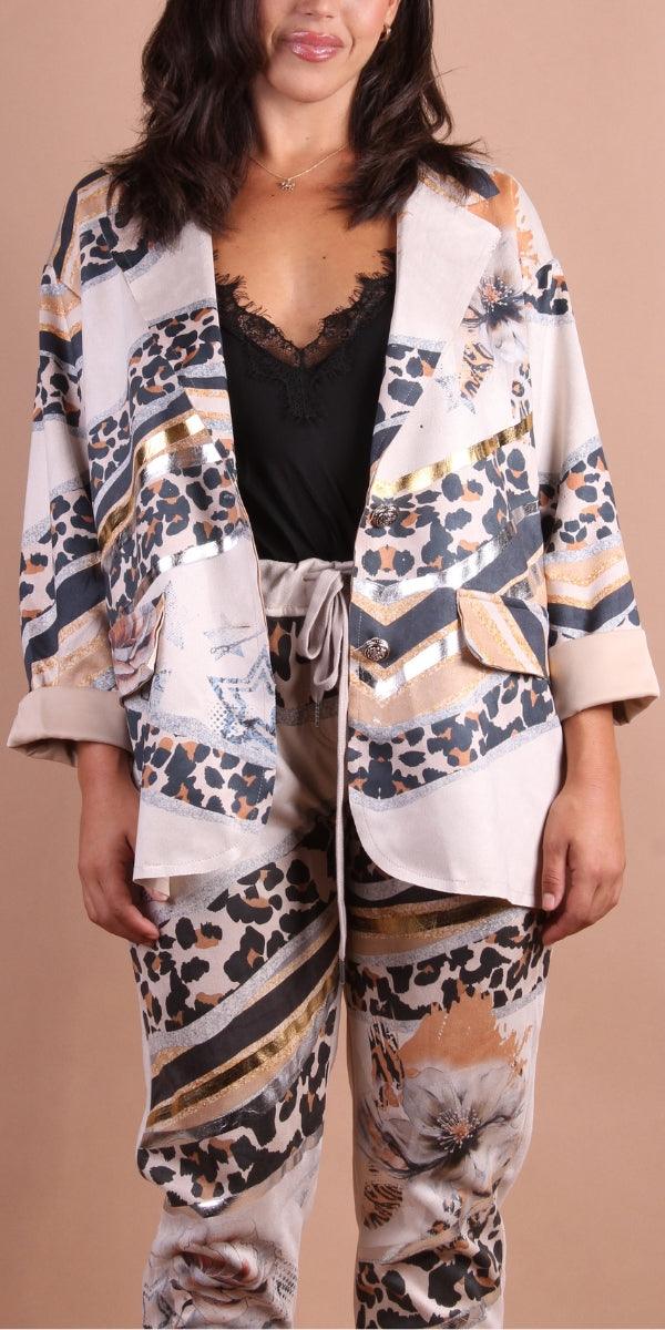Figo Blazer - Gigi Moda - Made in Italy # 80's, animal print, blazer, blazer jacket, faux suede, Gigi Moda, Leopard Print, made in italy, matching set, maxretail, one size, OS, resort, resort wear, rolled sleeves