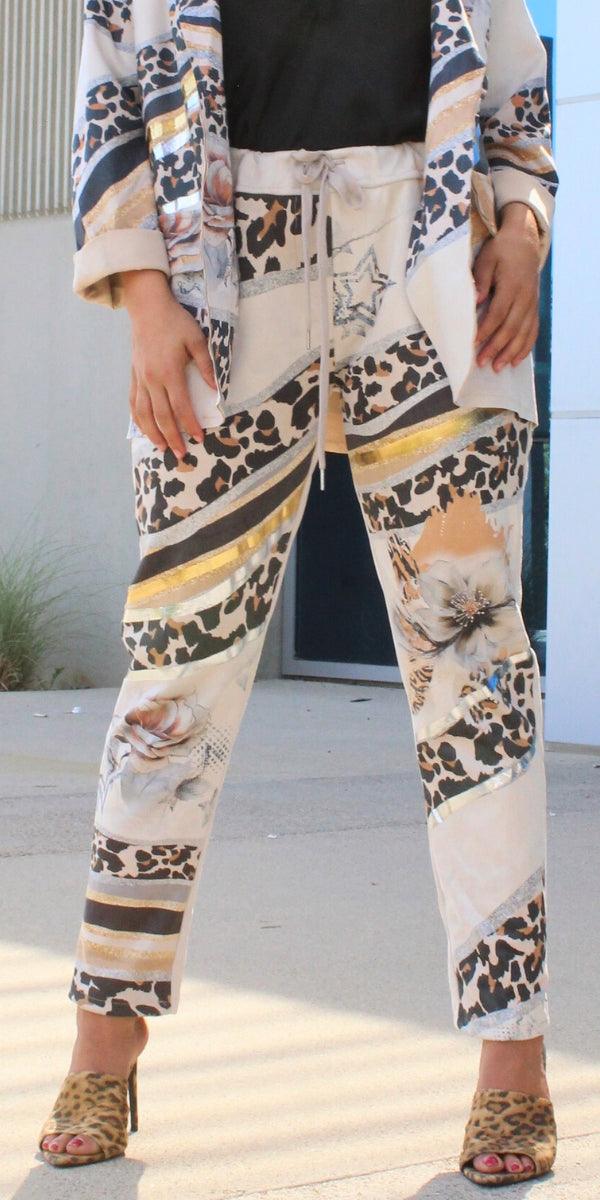Figo Tie-Waist Pants - Gigi Moda - Made in Italy # 80's, animal print, COMFY PANTS, Cropped pants, faux suede, gigi moda, Italian pant, Leopard Print, Made in Italy, matching set, maxretail, Metallic, metallic shine, Pants, STRETCHY PANT, Tie waist