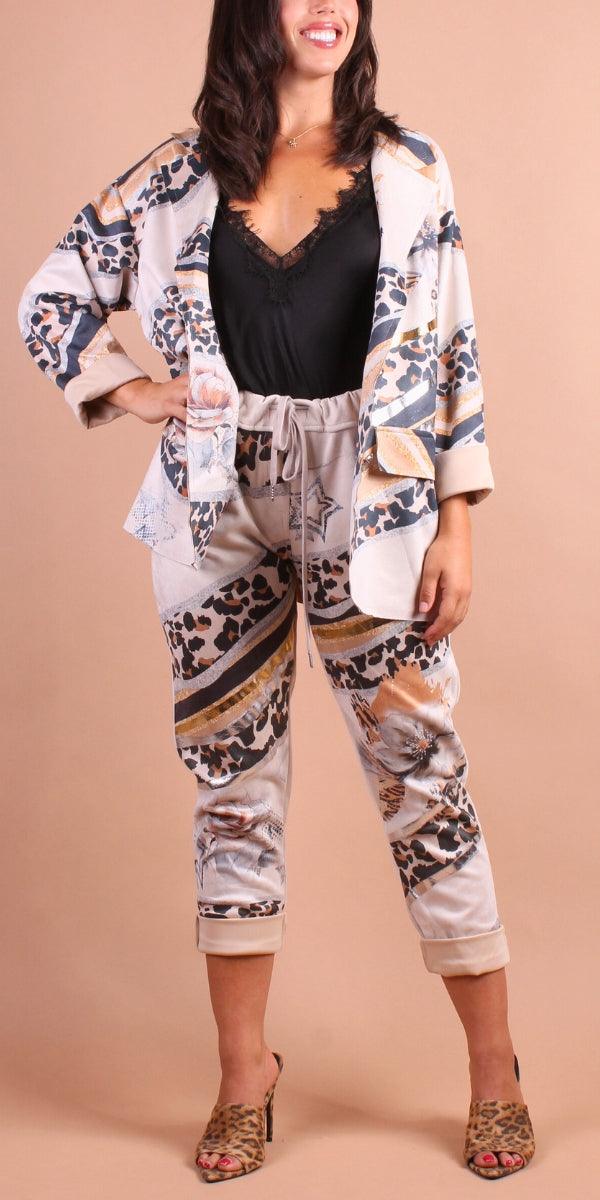 Figo Tie-Waist Pants - Gigi Moda - Made in Italy # 80's, animal print, COMFY PANTS, Cropped pants, faux suede, gigi moda, Italian pant, Leopard Print, Made in Italy, matching set, maxretail, Metallic, metallic shine, Pants, STRETCHY PANT, Tie waist