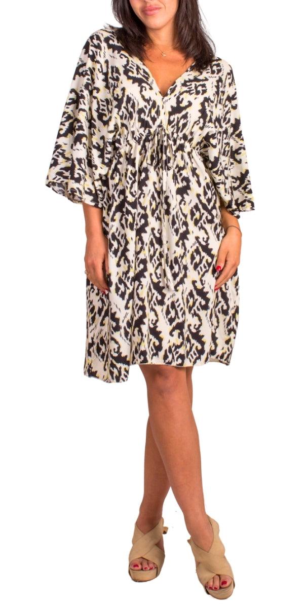 Corta Ikat Print Dress - Gigi Moda - Made in Italy # Dress, gigi moda, ikat, ikat print, Made in Italy, resort wear, ruffled hem, Safari, short dress, ties in back, v neck