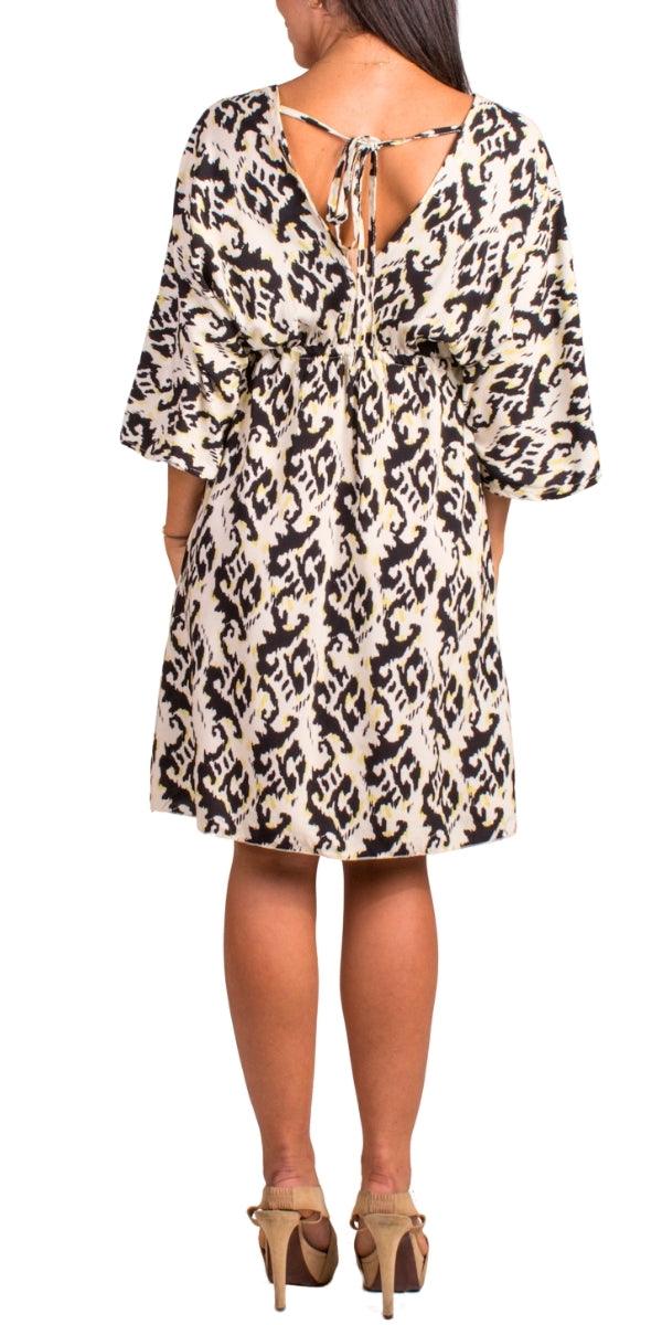 Corta Ikat Print Dress - Gigi Moda - Made in Italy # Dress, gigi moda, ikat, ikat print, Made in Italy, resort wear, ruffled hem, Safari, short dress, ties in back, v neck