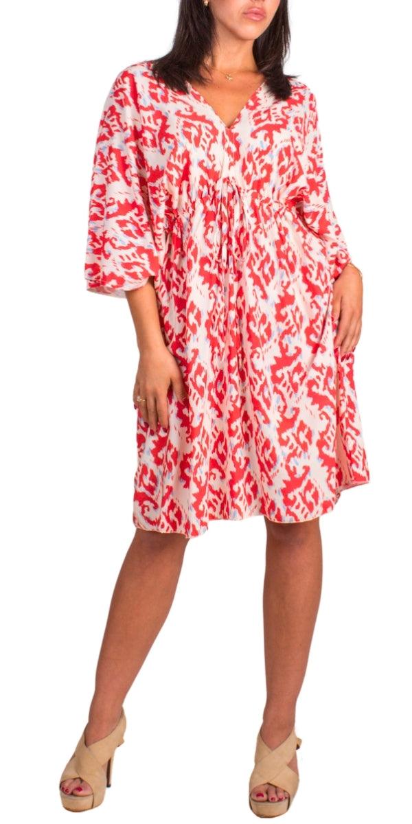 Corta Ikat Print Dress - Gigi Moda - Made in Italy # Dress, gigi moda, ikat, ikat print, Made in Italy, resort wear, ruffled hem, Safari, short dress, ties in back, v neck