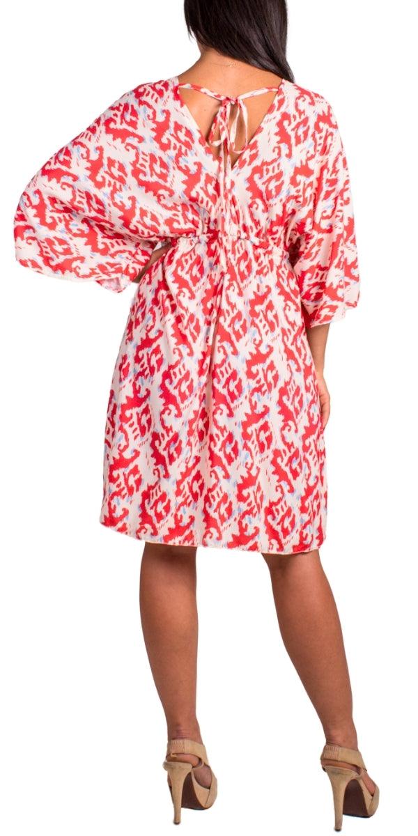 Corta Ikat Print Dress - Gigi Moda - Made in Italy # Dress, gigi moda, ikat, ikat print, Made in Italy, resort wear, ruffled hem, Safari, short dress, ties in back, v neck