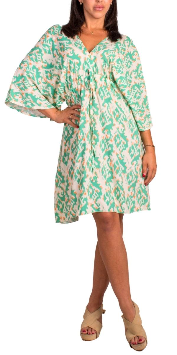 Corta Ikat Print Dress - Gigi Moda - Made in Italy # Dress, gigi moda, ikat, ikat print, Made in Italy, resort wear, ruffled hem, Safari, short dress, ties in back, v neck