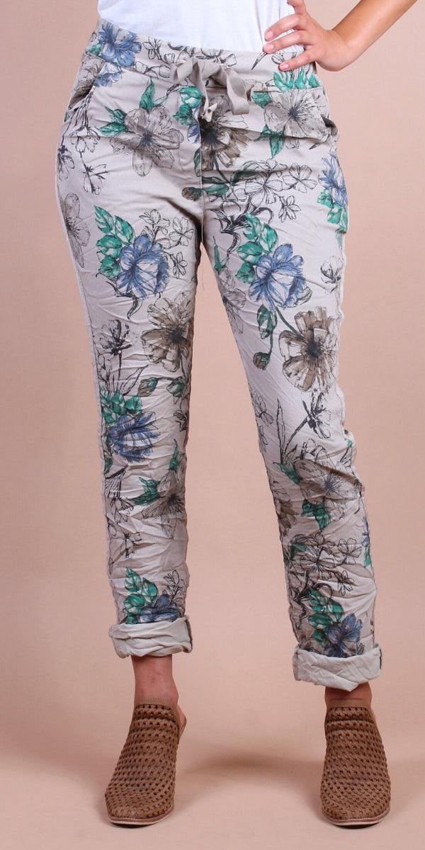 Poluma Garden Pants - Gigi Moda - Made in Italy # Cropped pants, drawstring, floral, floral design, Floral Print, Gigi Moda, lightweight, made in italy, pockets, stretch, Tie waist