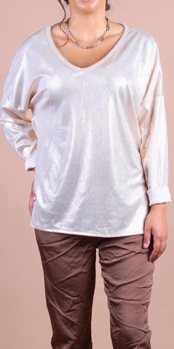 Luminare Top - Gigi Moda - Made in Italy # Gigi Moda, gigi moda. made in italy, italian top, long sleeves, metallic, shop gigi moda, Top, V Neck, v-neck top