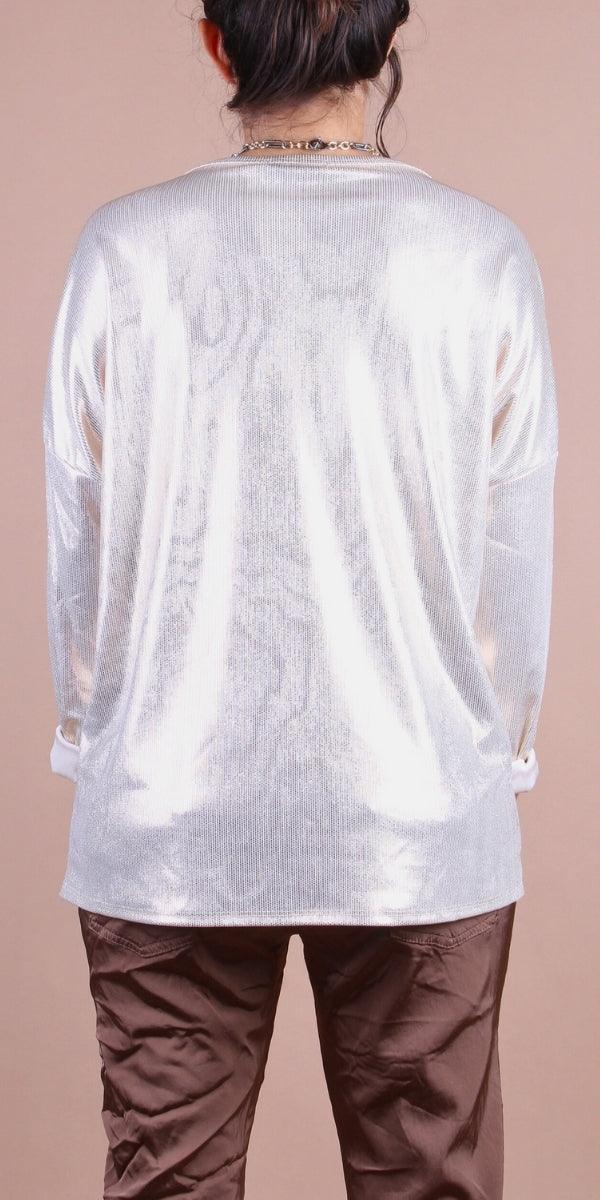 Luminare Top - Gigi Moda - Made in Italy # Gigi Moda, gigi moda. made in italy, italian top, long sleeves, metallic, shop gigi moda, Top, V Neck, v-neck top