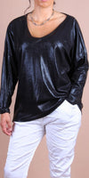 Black Luminare Top - Gigi Moda - Made in Italy # Gigi Moda, gigi moda. made in italy, italian top, long sleeves, metallic, shop gigi moda, Top, V Neck, v-neck top