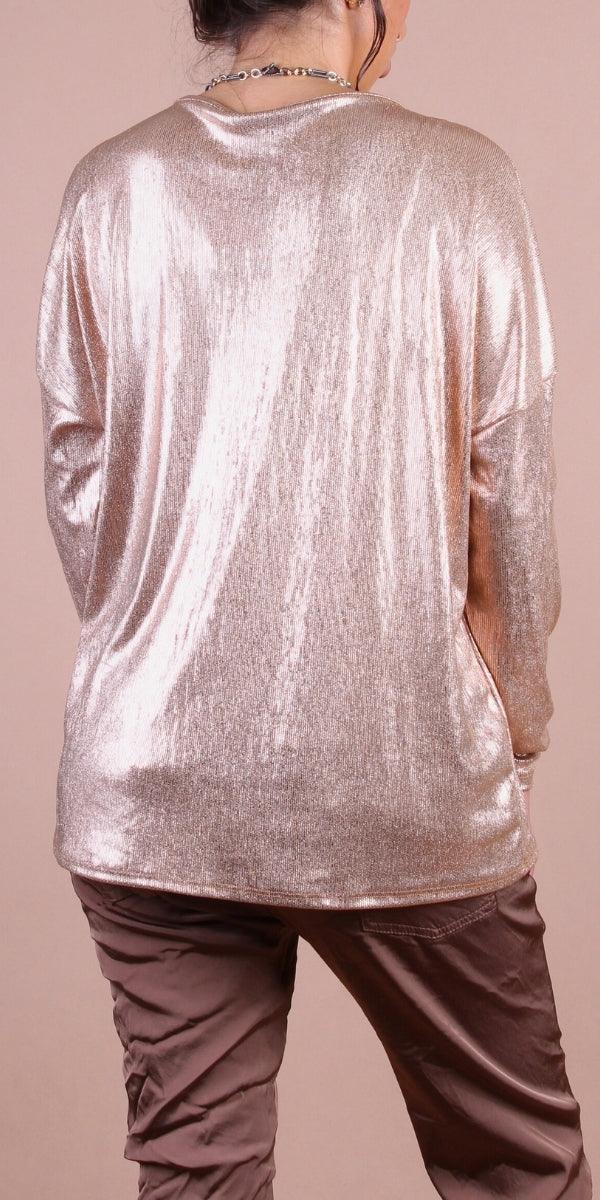 Luminare Top - Gigi Moda - Made in Italy # Gigi Moda, gigi moda. made in italy, italian top, long sleeves, metallic, shop gigi moda, Top, V Neck, v-neck top