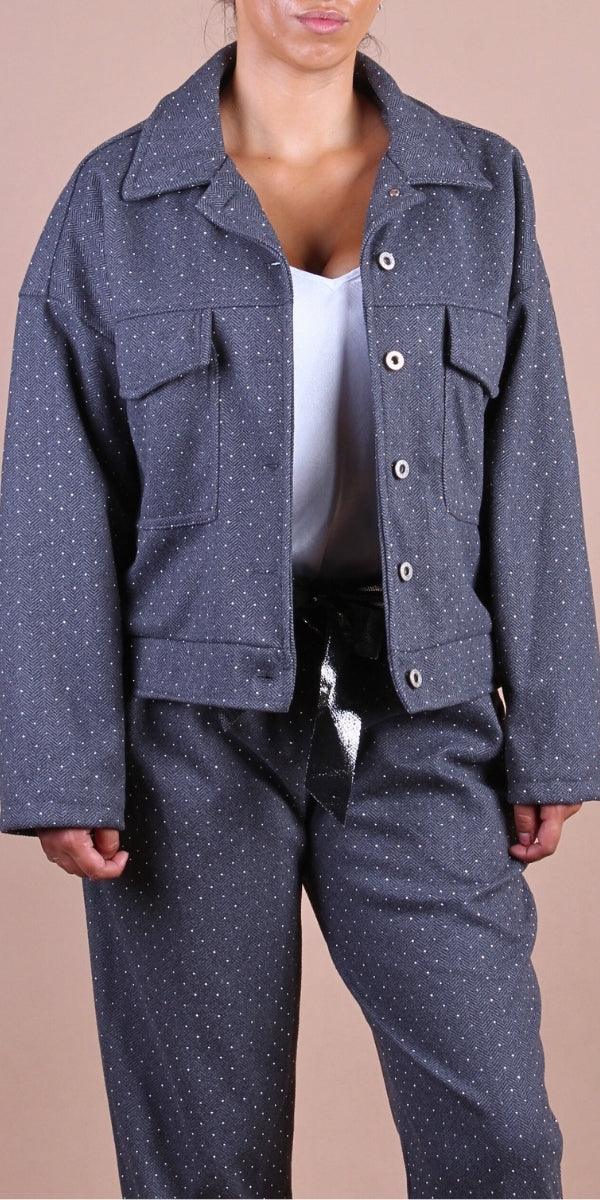 Gemma Jacket - Gigi Moda - Made in Italy # button down, button front, chevron print, Gigi Moda, Italian jacket, Jacket, Made in Italy, maxretail, Pockets, rhinestone, utility jacket