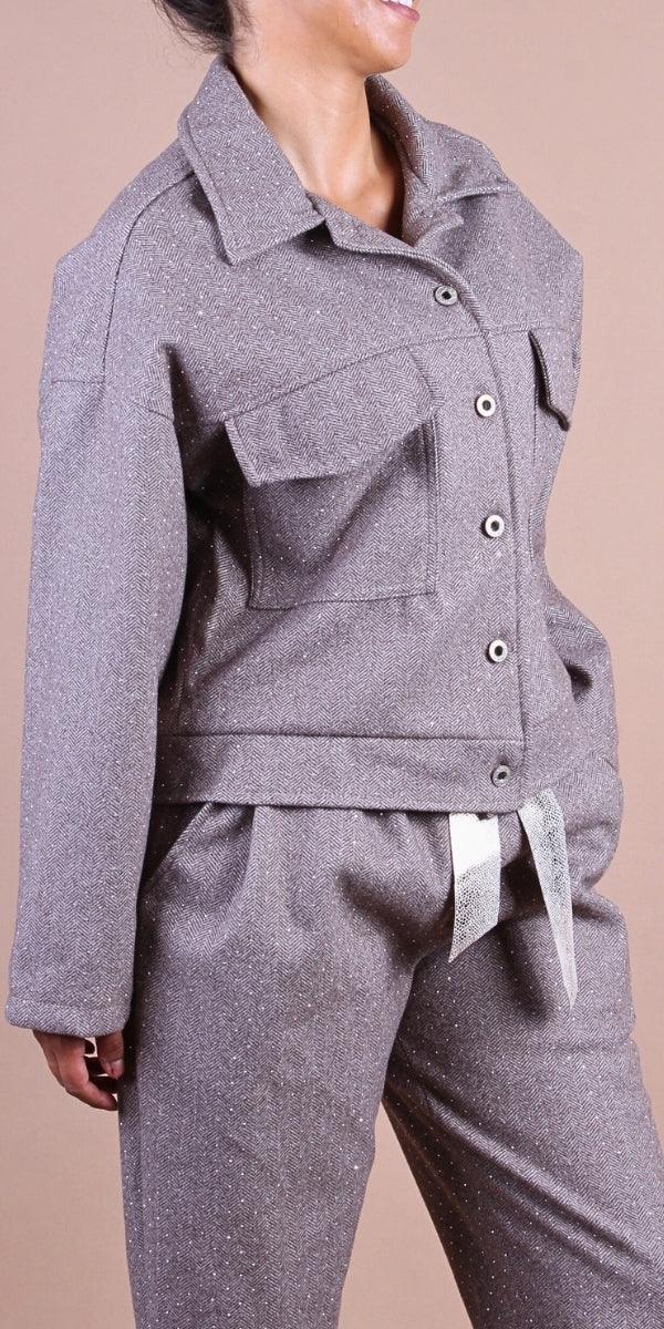 Gemma Jacket - Gigi Moda - Made in Italy # button down, button front, chevron print, Gigi Moda, Italian jacket, Jacket, Made in Italy, maxretail, Pockets, rhinestone, utility jacket