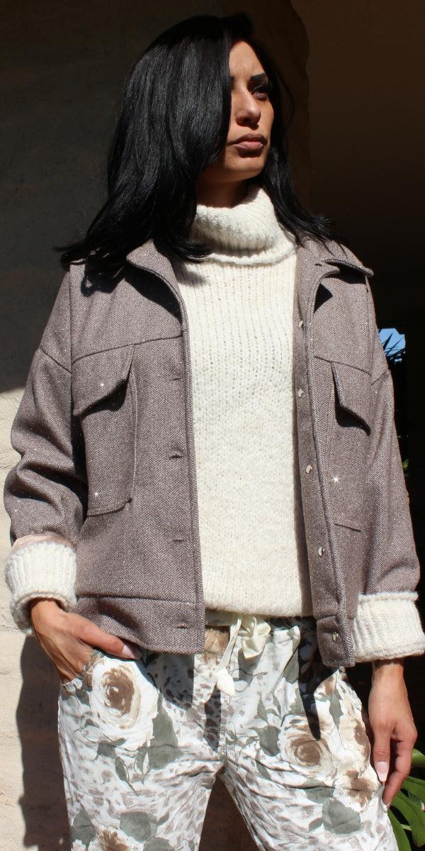 Gemma Jacket - Gigi Moda - Made in Italy # button down, button front, chevron print, Gigi Moda, Italian jacket, Jacket, Made in Italy, maxretail, Pockets, rhinestone, utility jacket