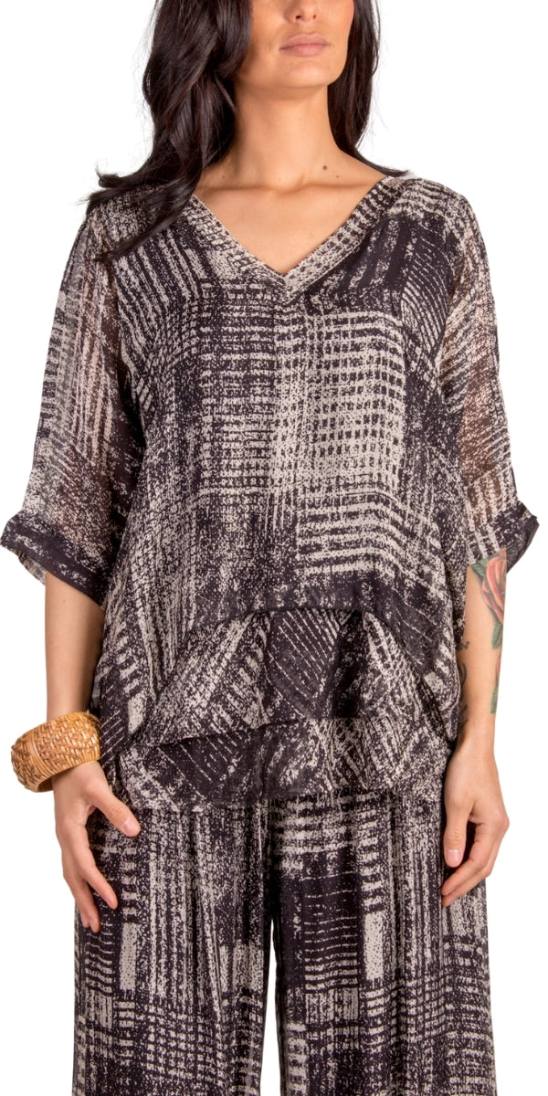 Diana Digitale Blouse - Gigi Moda - Made in Italy # Abstract, abstract print, blouse, Digital Print, frayed edge, gigi moda, italian silk blouse, made in italy, silk, silk blouse, silk top