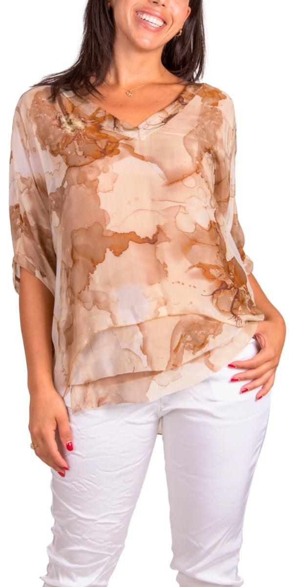 Diana Floral Blouse - Gigi Moda - Made in Italy # 100% silk, blouse, colorful, colorful print, floral, floral design, Floral Print, frayed edge, gigi moda, italian silk blouse, made in italy, silk, silk blouse, silk top