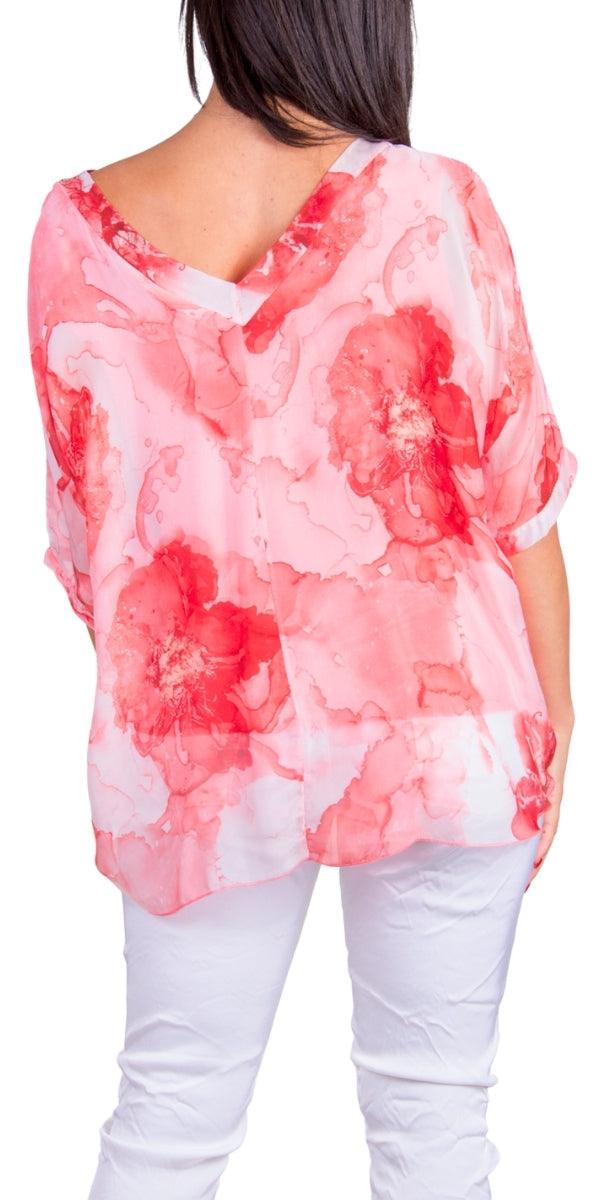 Diana Floral Blouse - Gigi Moda - Made in Italy # 100% silk, blouse, colorful, colorful print, floral, floral design, Floral Print, frayed edge, gigi moda, italian silk blouse, made in italy, silk, silk blouse, silk top