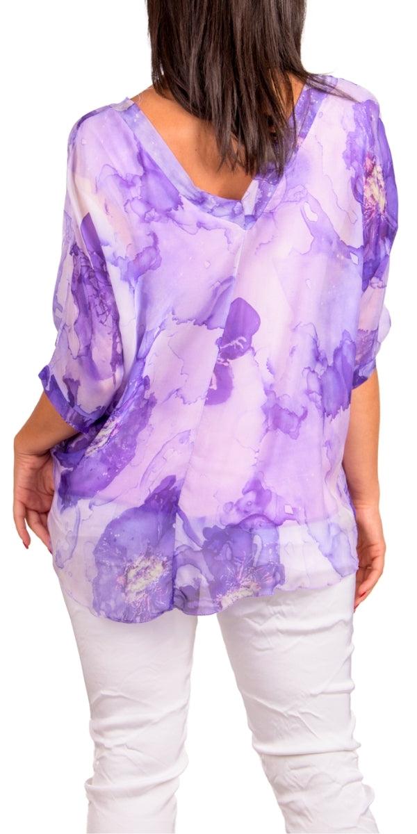 Diana Floral Blouse - Gigi Moda - Made in Italy # 100% silk, blouse, colorful, colorful print, floral, floral design, Floral Print, frayed edge, gigi moda, italian silk blouse, made in italy, silk, silk blouse, silk top