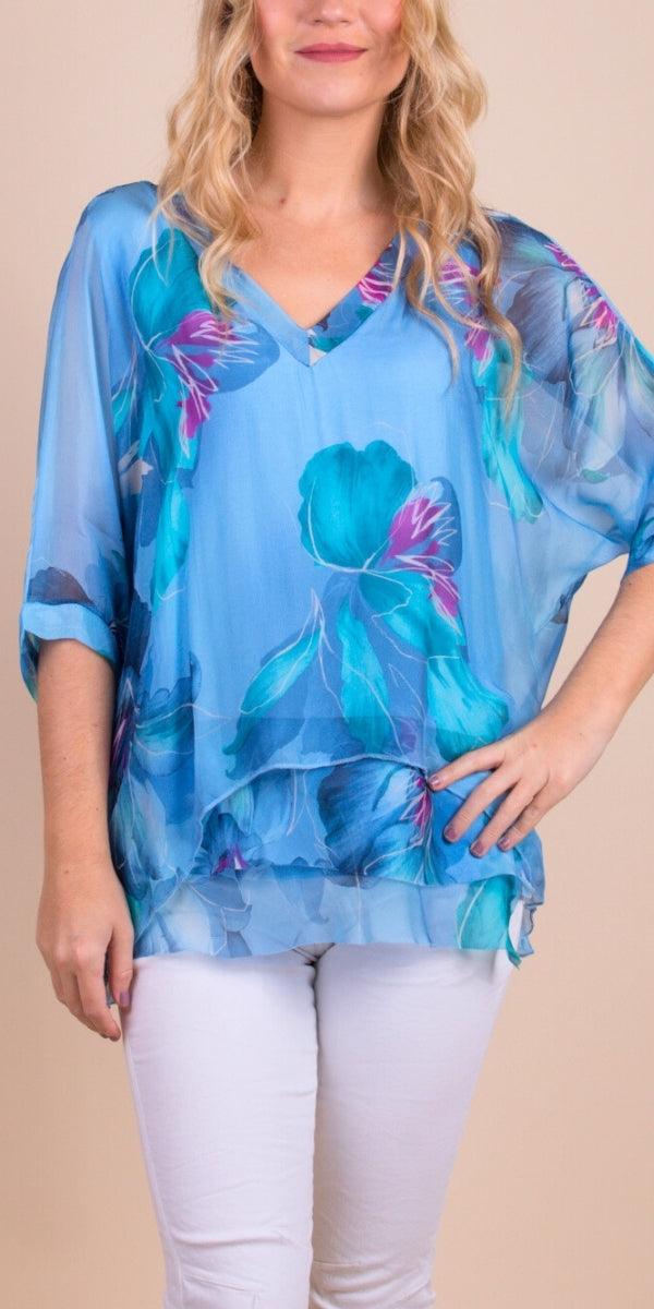 Diana Bloom Blouse - Gigi Moda - Made in Italy # 100% silk, blouse, colorful, colorful print, floral, floral design, Floral Print, frayed edge, gigi moda, italian silk blouse, made in italy, silk, silk blouse, silk top