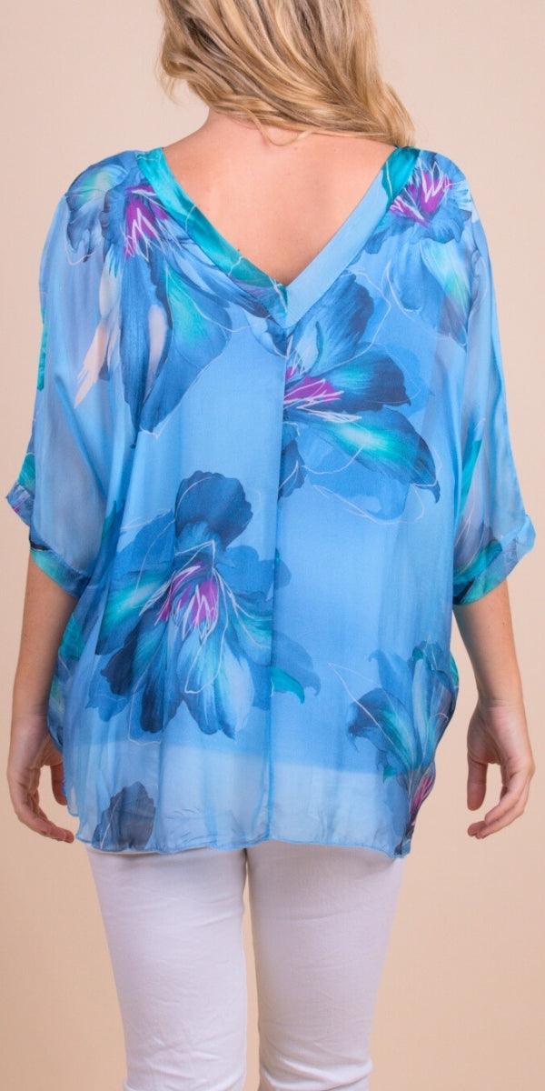 Diana Bloom Blouse - Gigi Moda - Made in Italy # 100% silk, blouse, colorful, colorful print, floral, floral design, Floral Print, frayed edge, gigi moda, italian silk blouse, made in italy, silk, silk blouse, silk top