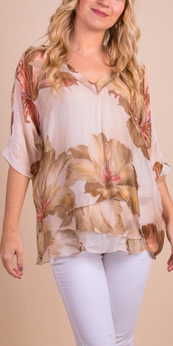 Diana Bloom Blouse - Gigi Moda - Made in Italy # 100% silk, blouse, colorful, colorful print, floral, floral design, Floral Print, frayed edge, gigi moda, italian silk blouse, made in italy, silk, silk blouse, silk top