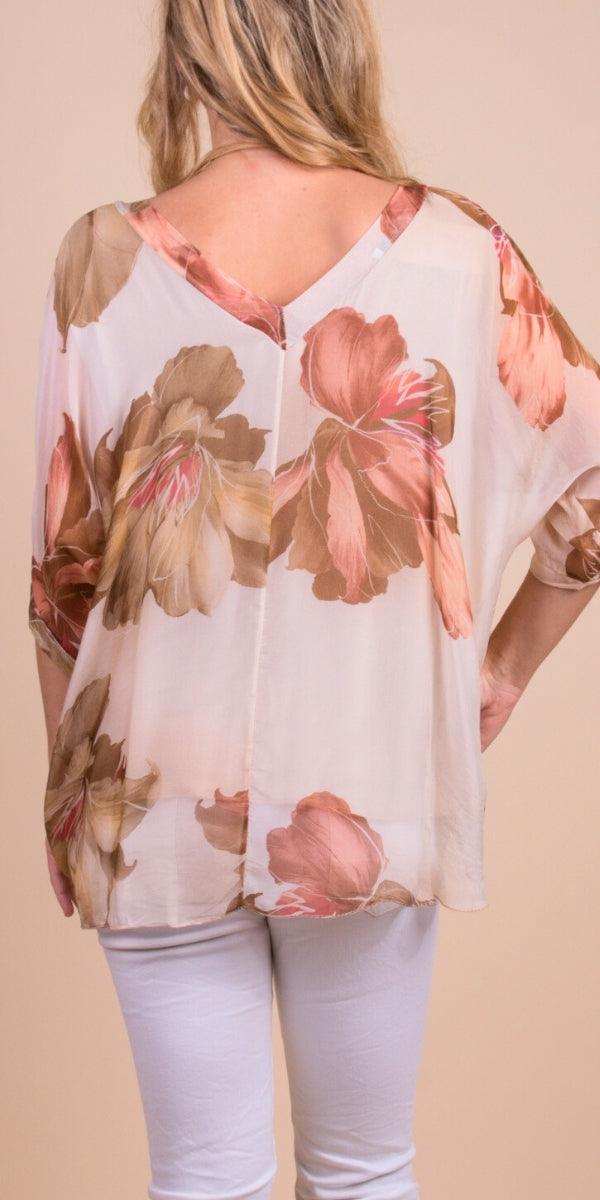 Diana Bloom Blouse - Gigi Moda - Made in Italy # 100% silk, blouse, colorful, colorful print, floral, floral design, Floral Print, frayed edge, gigi moda, italian silk blouse, made in italy, silk, silk blouse, silk top