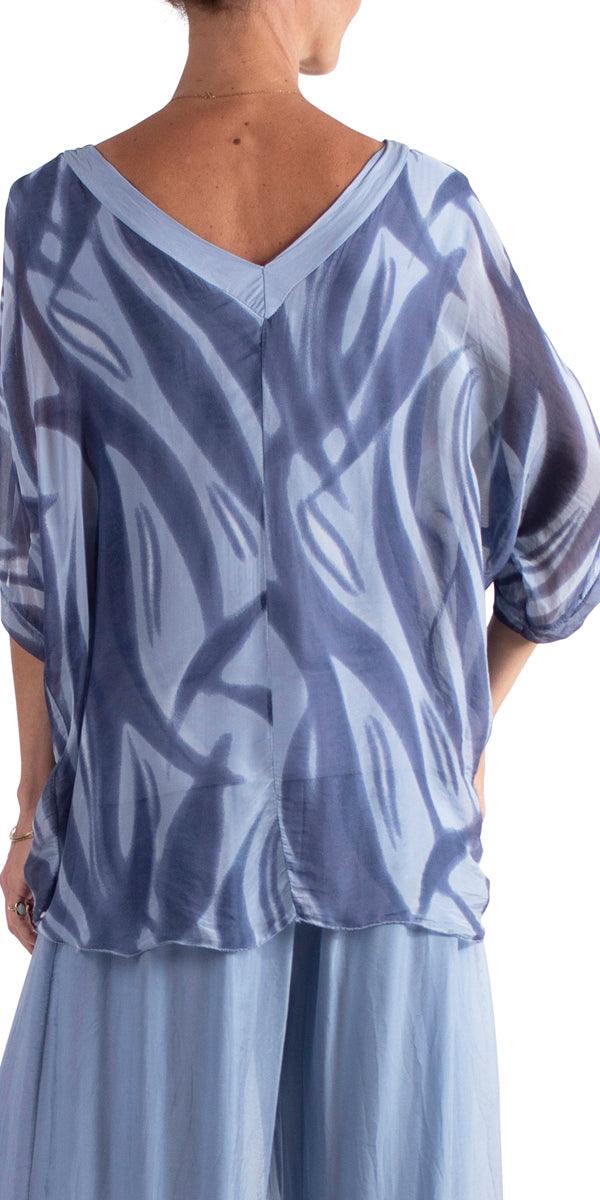 Diana Wave Print Blouse - Gigi Moda - Made in Italy # 100% silk, blouse, frayed edge, gigi moda, italian silk blouse, made in italy, silk, silk blouse, silk top, wave print