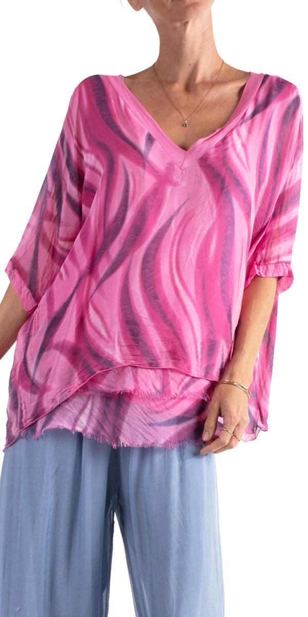 Diana Wave Print Blouse - Gigi Moda - Made in Italy # 100% silk, blouse, frayed edge, gigi moda, italian silk blouse, made in italy, silk, silk blouse, silk top, wave print