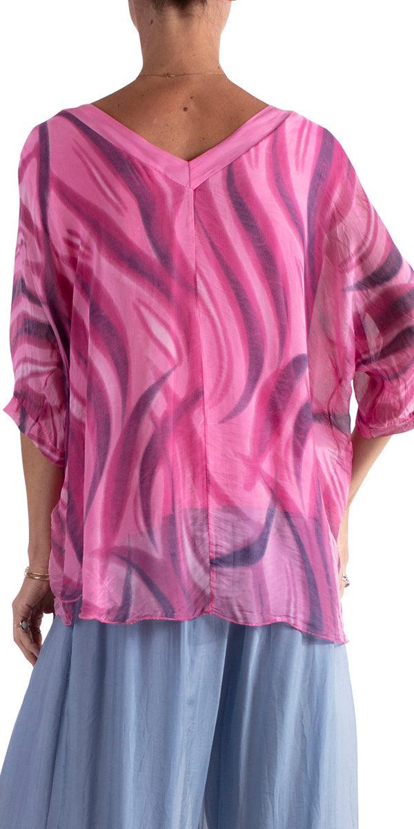 Diana Wave Print Blouse - Gigi Moda - Made in Italy # 100% silk, blouse, frayed edge, gigi moda, italian silk blouse, made in italy, silk, silk blouse, silk top, wave print