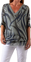 Diana Wave Print Blouse - Shop Gigi Moda - Made in Italy # 100% silk, blouse, frayed edge, gigi moda, italian silk blouse, made in italy, silk, silk blouse, silk top, wave print
